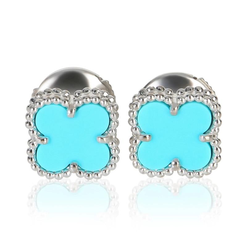 Van Cleef & Arpels White Gold Turquoise Sweet Alhambra Earrings: Condition: Pre-owned,Item Length: 9 mm,Side Stone Type: No Stone,Main Stone: Turquoise,Metal Purity: 18k,With Original Box/Packaging: No,With Papers: No,Gross Weight (grams): 3.01,Department: Unisex,C