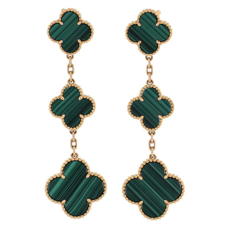 Van Cleef & Arpels Magic Alhambra 3 Motifs Earrings 18K Yellow Gold: Condition: Pre-owned - Good,Brand: Van Cleef & Arpels,Main Stone: Malachite,Metal: 18K Yellow Gold,Metal Purity: 18K,Style: Earrings,Type: Earrings,Color: Yellow Gold,Material: 18K Yellow Gold,