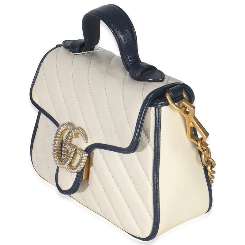 Gucci Navy White Calfskin Matelasse Diagonal Torchon Mini GG Marmont Top Handle - 3
