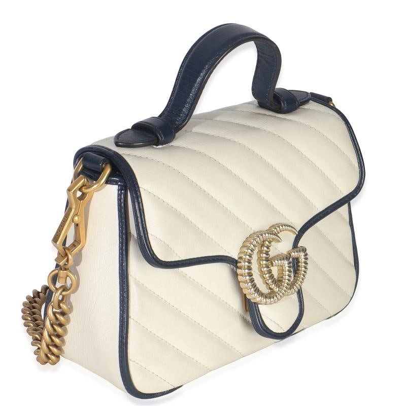 Gucci Navy White Calfskin Matelasse Diagonal Torchon Mini GG Marmont Top Handle - 4