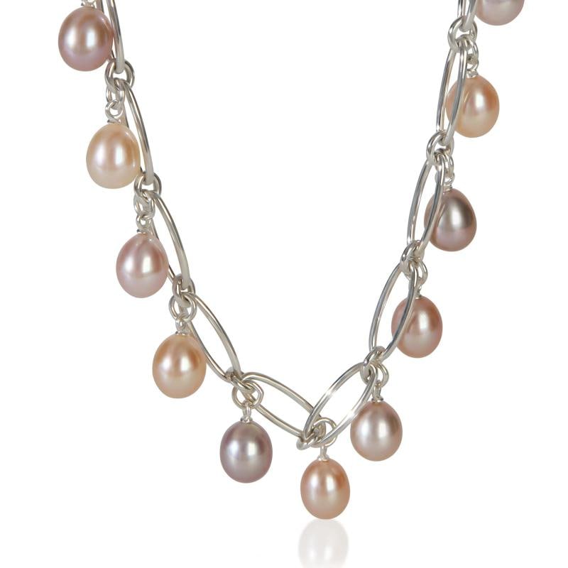 Tiffany & Co. Sterling Silver Pearl Elsa Peretti Oval Link Necklace: Condition: Pre-owned,Clasp/Buckle Type: Fishhook,With Original Box/Packaging: Yes,Side Stone Type: No Stone,Main Stone: Pearl,Metal Purity: 925,With Papers: No,Gross Weight (grams): 34.27,Department: