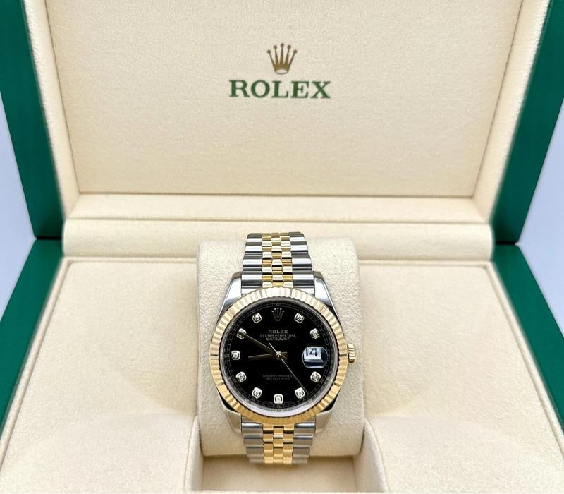 Rolex Datejust 41 126333 Black Diamond Dial 18K Yellow Gold Steel Jubilee: Style Number: 126333 Model: Rolex Datejust 41 Case Material: Stainless Steel Band: 18K Yellow Gold & Stainless Steel Jubilee Bezel: 18K Yellow Gold Fluted Dial: Factory Black Diamond Dial Crystal: