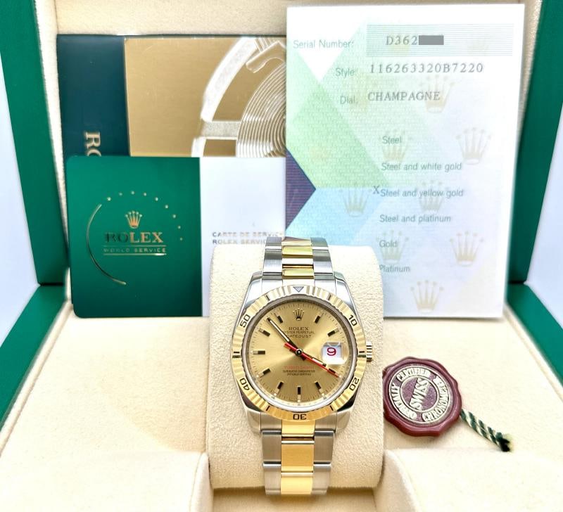 2026 Service Rolex Datejust Turn-O-Graph 116263 36mm 18k Gold Steel Box Paper: Style Number: 116263 Serial: D362*** Year: 2008 Model: Rolex Datejust Turn-O-Graph Case Material: Stainless Steel Band: 18K Yellow Gold & Stainless Steel Bezel: 18K Yellow Gold Dial: Champagne