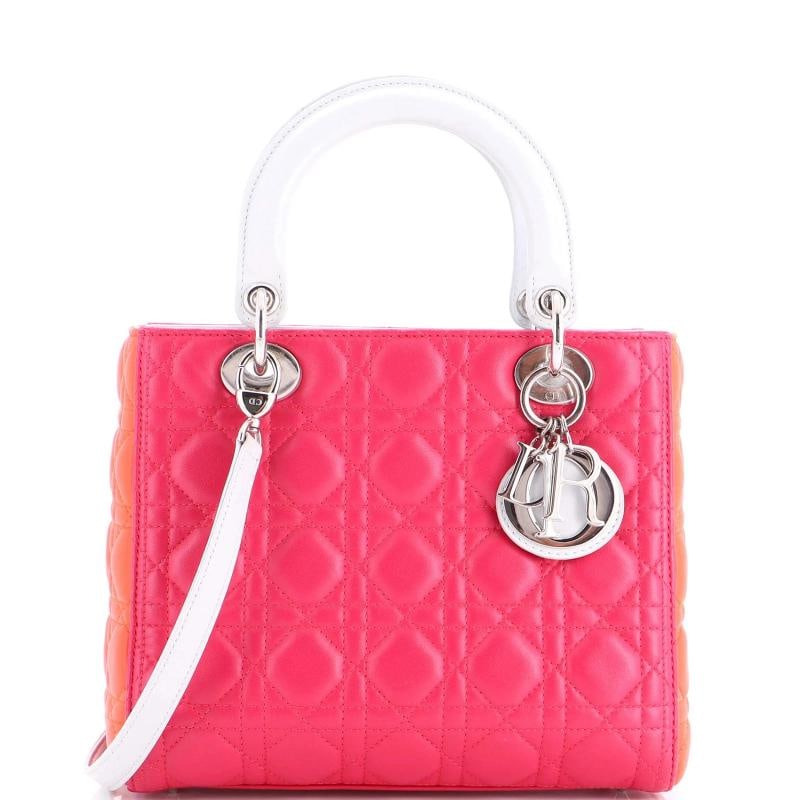 Christian Dior Tricolor Lady Dior Bag Cannage Quilt Lambskin Medium: Accessories: With Strap Measurements: Handle Drop 5", Height 8", Width 9.5", Depth 5", Strap Drop 18". Condition: Pre-owned - Good,Brand: Christian Dior,Exterior Material: Leather,Style: Top