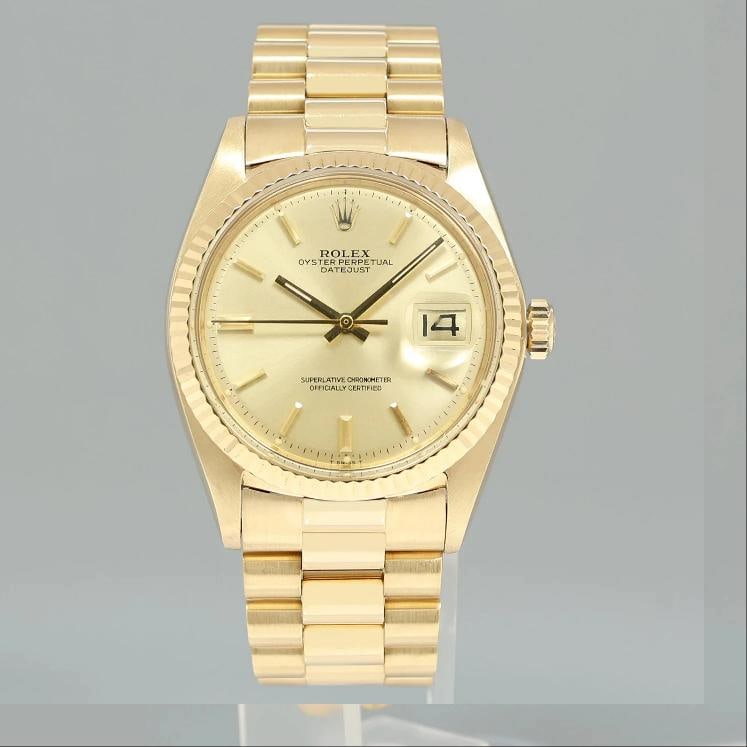 Rolex DateJust 36mm 1601 Yellow Gold President Champagne Pie Pan Stick Watch Box - 4