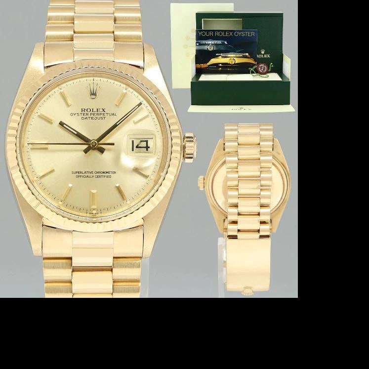 Rolex DateJust 36mm 1601 Yellow Gold President Champagne Pie Pan Stick Watch Box - 5