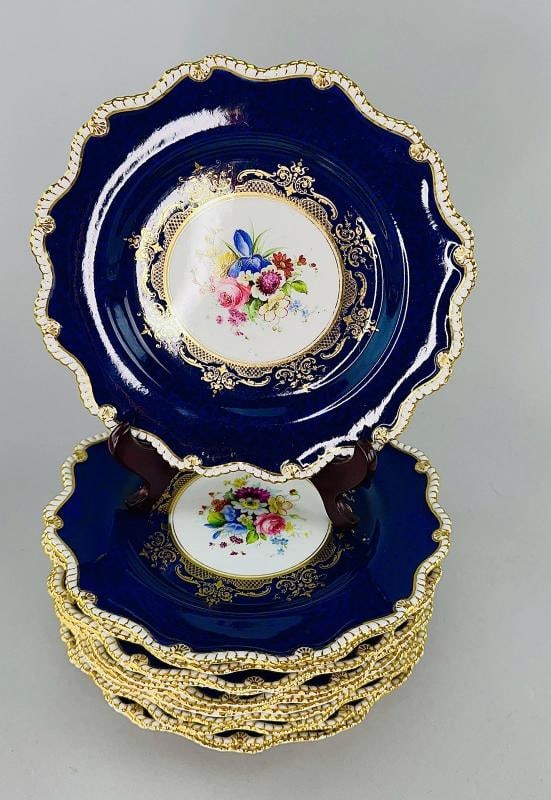 Fantastic Set 12 1903 Royal Worcester Cobalt Blue Handpainted Floral Plates (1 of 9)