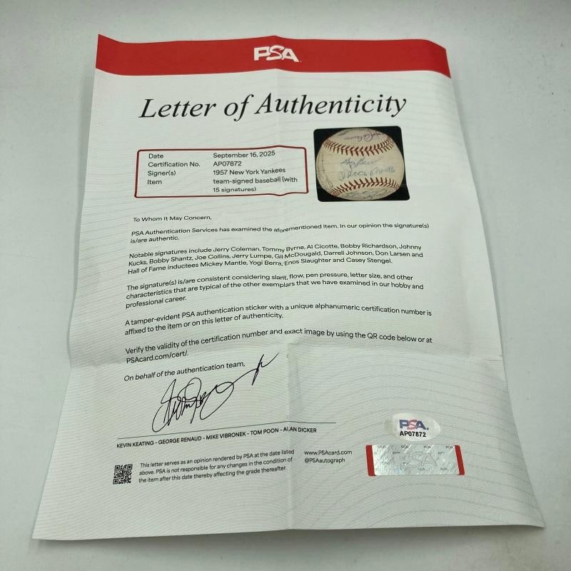 1957 New York Yankees AL Champs Team Signed Baseball Mickey Mantle PSA DNA COA - 7