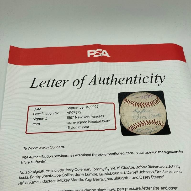1957 New York Yankees AL Champs Team Signed Baseball Mickey Mantle PSA DNA COA - 8