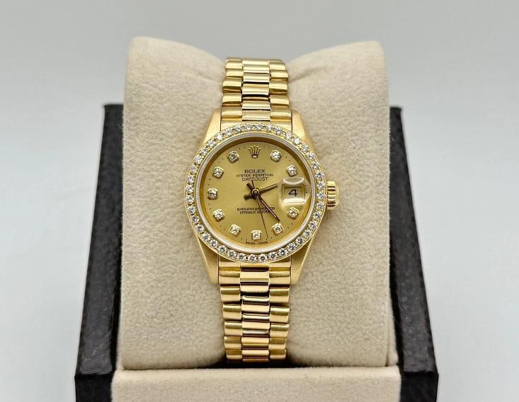 Rolex Ladies President 69138 Factory Diamond Dial Factory Diamond Bezel 18K Gold (1 of 7)