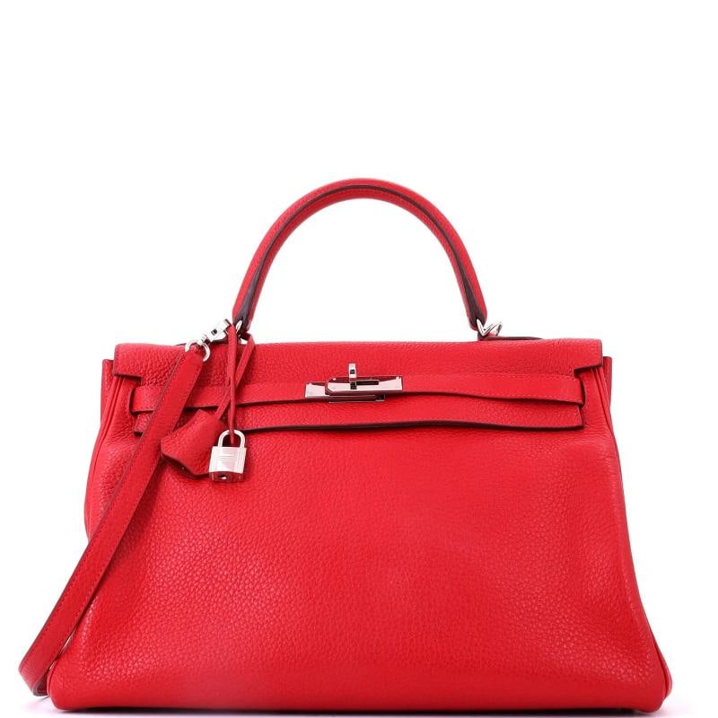 Hermes Kelly Handbag Red Clemence with Palladium Hardware 35: Condition: Pre-owned - Good,Brand: Hermes,Exterior Material: Leather,Style: Totes,Exterior Color: Red,Department: Women,Size: 35,Accessories: Clochette, Keys, Lock