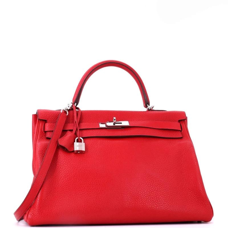 Hermes Kelly Handbag Red Clemence with Palladium Hardware 35 - 2