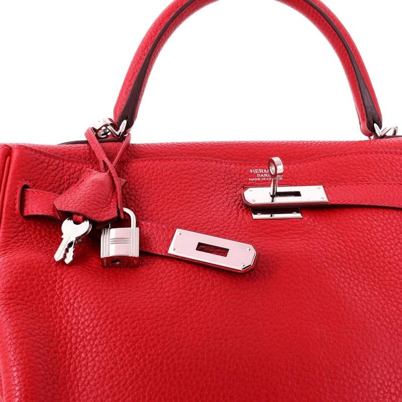 Hermes Kelly Handbag Red Clemence with Palladium Hardware 35 - 6