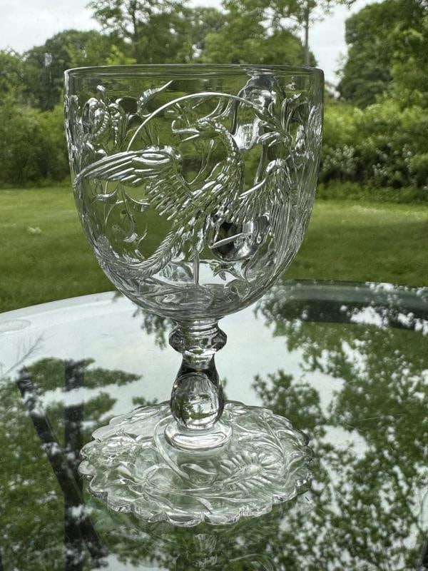 Rare Baccarat Art Glass Footed Handled Cup - Engraved w/Bird & Flowers, C1900 - 2