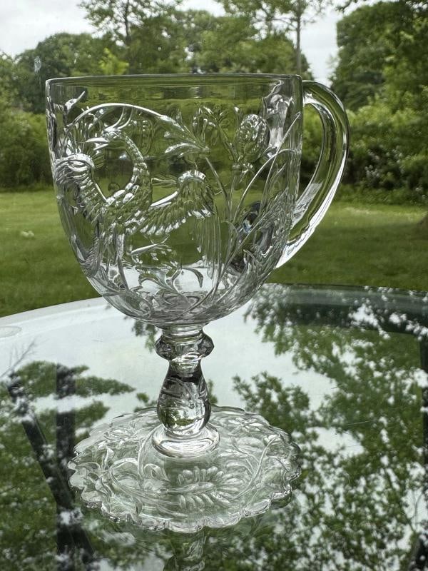 Rare Baccarat Art Glass Footed Handled Cup - Engraved w/Bird & Flowers, C1900 - 3