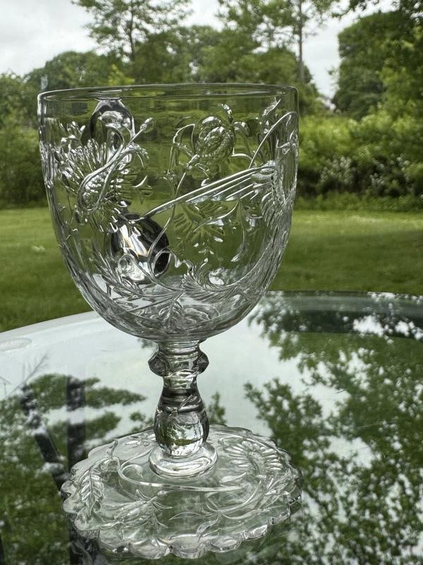 Rare Baccarat Art Glass Footed Handled Cup - Engraved w/Bird & Flowers, C1900 - 4
