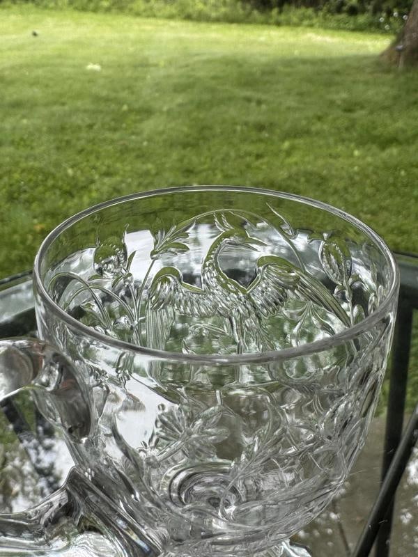 Rare Baccarat Art Glass Footed Handled Cup - Engraved w/Bird & Flowers, C1900 - 5