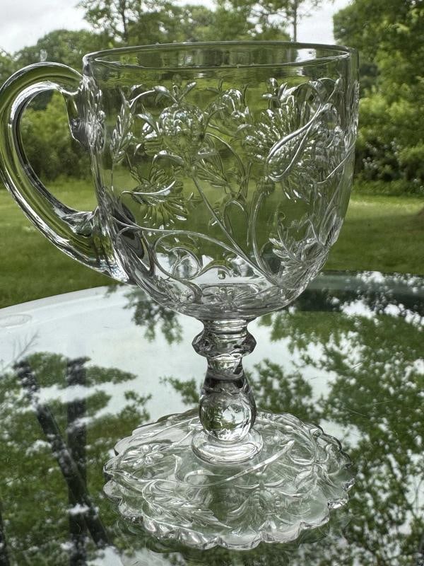 Rare Baccarat Art Glass Footed Handled Cup - Engraved w/Bird & Flowers, C1900 - 6