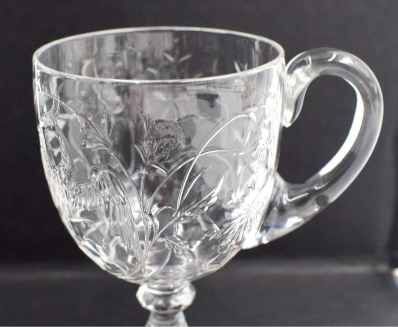 Rare Baccarat Art Glass Footed Handled Cup - Engraved w/Bird & Flowers, C1900 - 7
