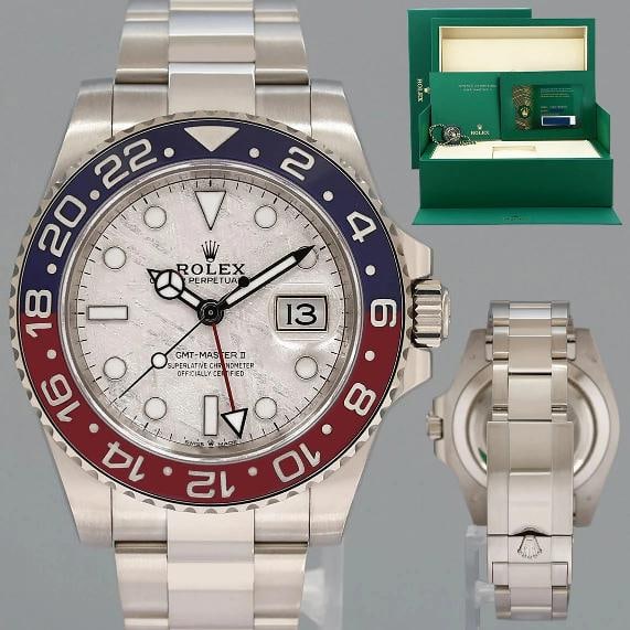 2025 NEW PAPERS Rolex GMT-Master II 126719BLRO Blue Pepsi Meteorite White Gold: Case & Dial Case Material: Rolex White Gold Case Size: 40mm Bezel: Rolex Blue and Red Pepsi Crystal: Rolex Sapphire Dial: Rolex Meteorite Movement & Bracelet Movement: Rolex Automatic Bracelet Design: