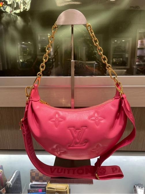 Louis Vuitton Bubblegram Over The Moon Shoulder Bag in Dragon Fruit: Condition: Pre-owned - Excellent,Bag Width: 11 in,Pattern: Monogram,Bag Height: 8 in,Closure: Zip,Lining Material: Microfiber,Hardware Color: Gold,Bag Depth: 3 in,Exterior Material: Leather,Brand: Lou