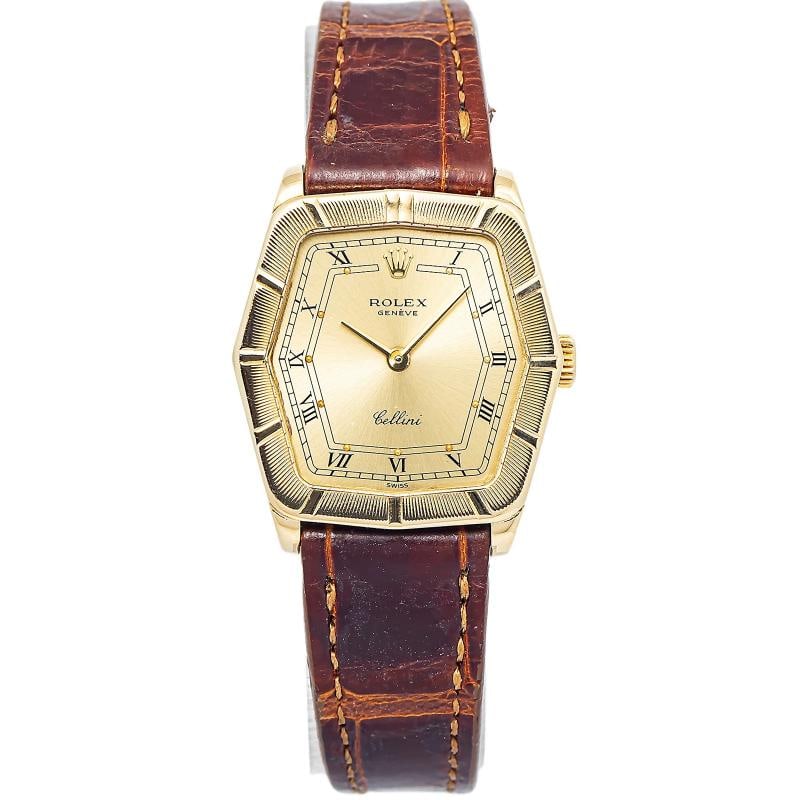Rolex Cellini 4160 18k Yellow Gold Champagne Dial Manual Lady's Watch 24mm: Case Size 24mm Wrist Fit 6.25inches Box No Papers No Condition Ã¢â¬â Used - Good Full Specifications Brand Rolex Customized No Serial # W06xxxx Gender Women Band Material Leat