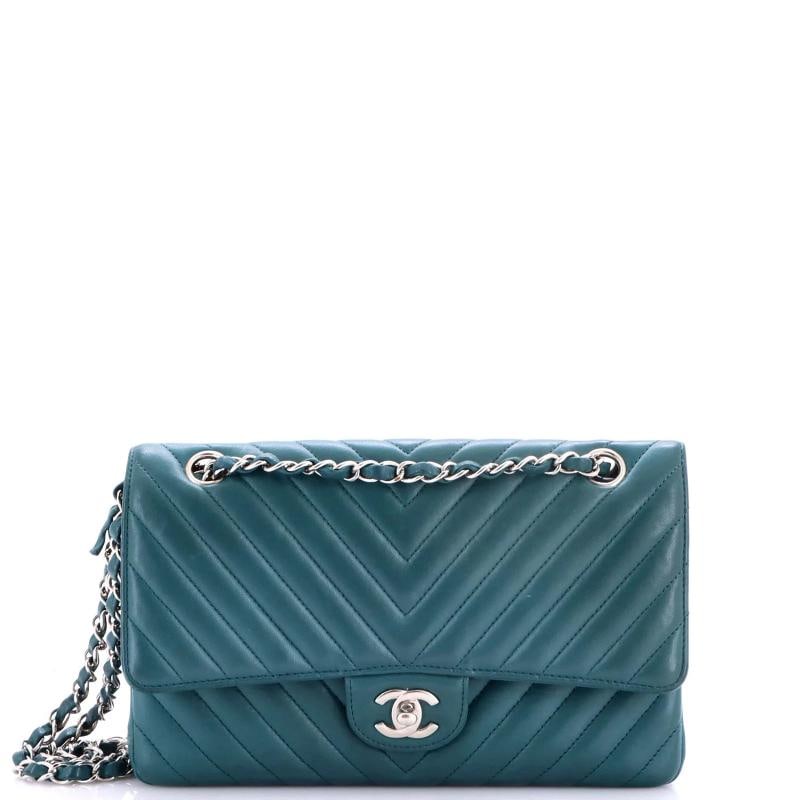 Chanel Classic Double Flap Bag Chevron Lambskin Medium: Measurements: Handle Drop 9", Height 6", Width 9.5", Depth 3", Strap Drop 17" . Condition: Pre-owned - Good,Brand: Chanel,Exterior Material: Leather,Style: Shoulder Bags,Exterior Color: