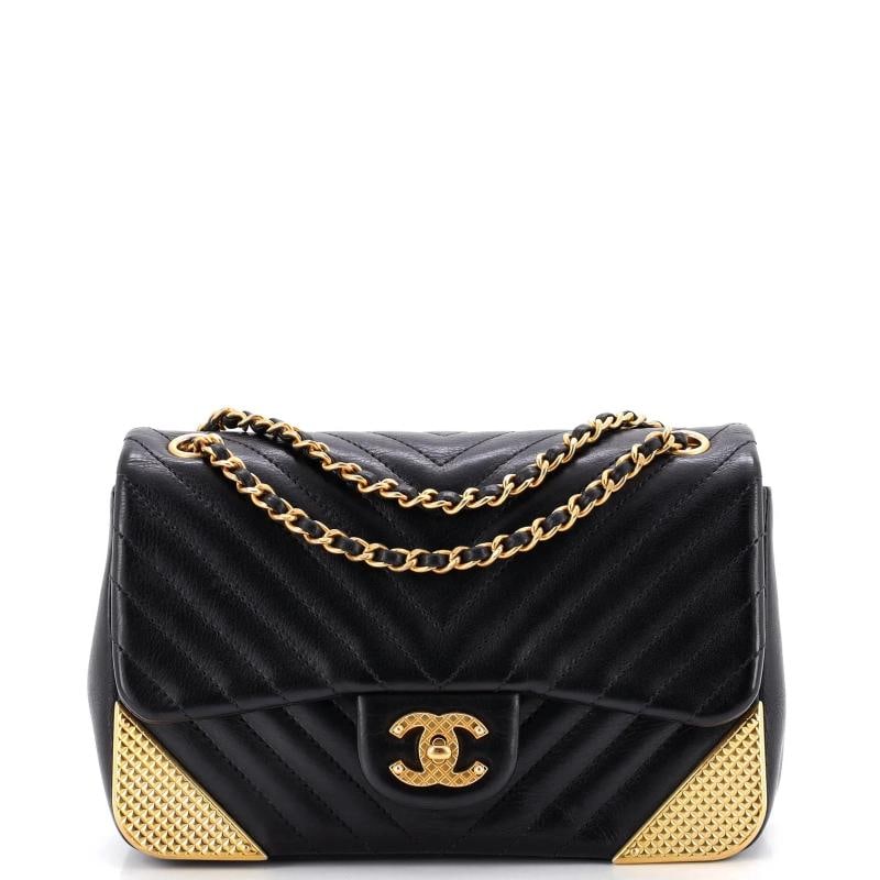 Chanel Rock the Corner Flap Bag Chevron Calfskin Mini: Accessories: Dust Bag Measurements: Handle Drop 10", Height 5", Width 8", Depth 3", Strap Drop 18". Condition: Pre-owned - Good,Brand: Chanel,Exterior Material: Leather,Style: Cross Body