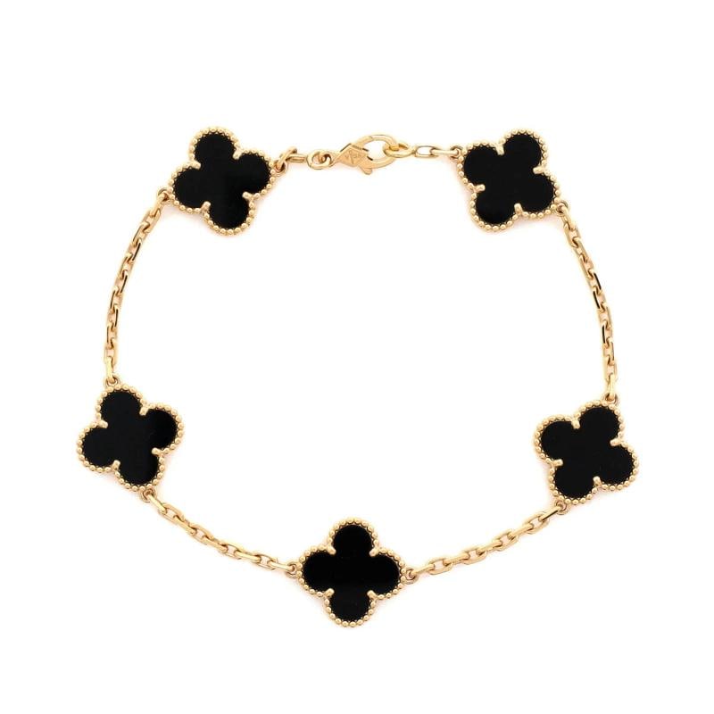 Van Cleef & Arpels Vintage Alhambra 5 Motifs Bracelet 18K Yellow Gold and Onyx: Measurements: Circumference: 7.50 ", Width: 14.85 mm . Condition: Pre-owned - Good,Brand: Van Cleef & Arpels,Main Stone: Onyx,Metal: 18K Yellow Gold,Metal Purity: 18K,Style: Bracelet,Type: