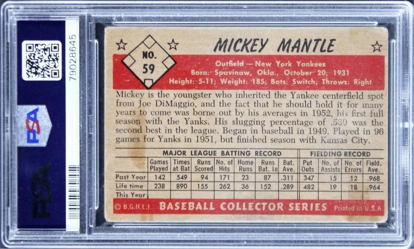 Mickey Mantle Signed 1953 Bowman Color #59 Card Grade Pr 1 MC Auto 9 PSA Slabbed - 2