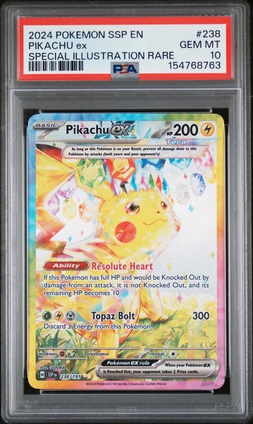 2024 POKEMON SSP EN-SURGING SPARKS SPECIAL ILLUSTRATION RARE PIKACHU EX PSA 10: Condition: Graded - PSA 10: Professionally graded ,Graded: Yes,Set: 2024 POKEMON SSP EN-SURGING SPARKS,Game: PokÃÂ©mon TCG,Character: PIKACHU EX,Card Name: PIKACHU EX,Grade: 10,Professi