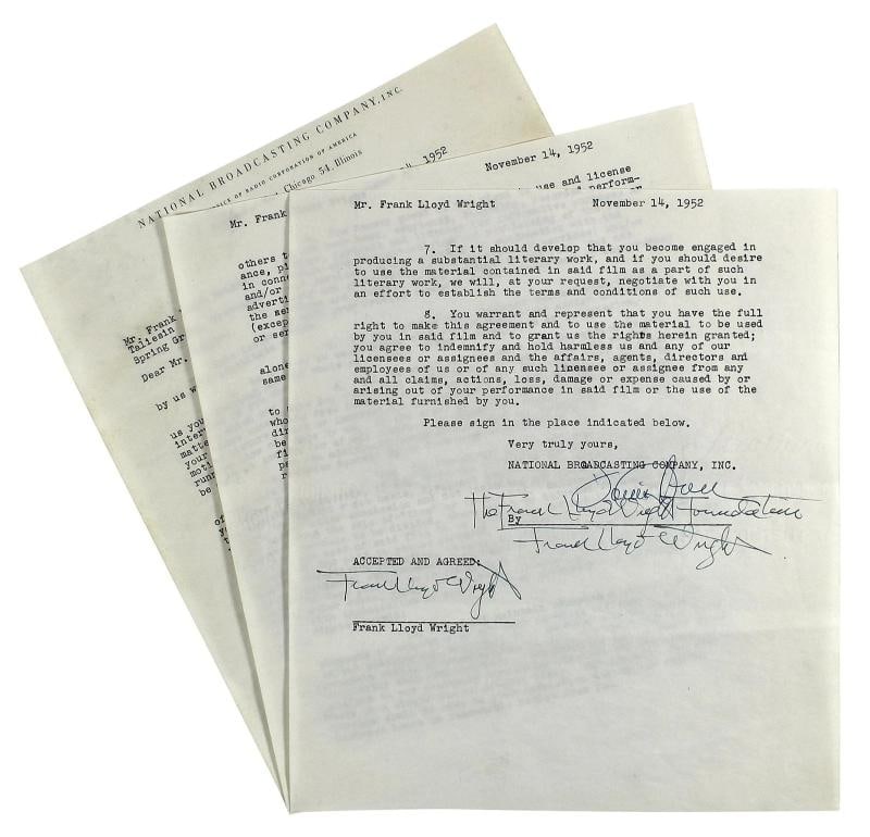 Frank Lloyd Wright Authentic 3x Signed 8.35x9.5 3 Page NBC Contract BAS #AB14681 - 11