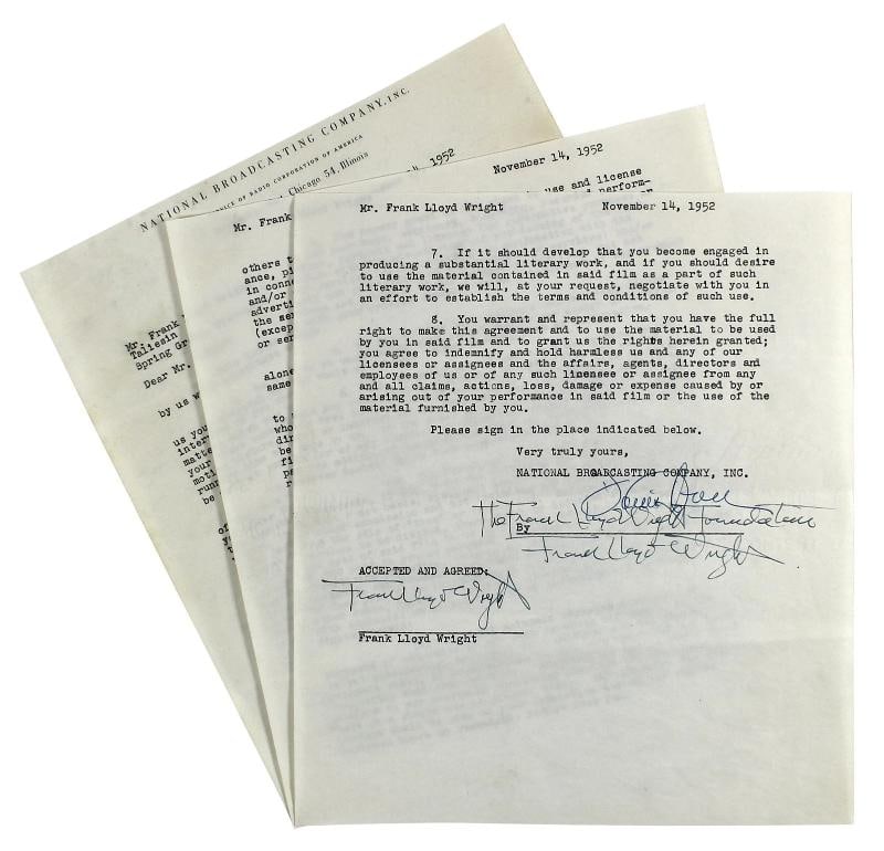 Frank Lloyd Wright Authentic 3x Signed 8.35x9.5 3 Page NBC Contract BAS #AB14681 (1 of 11)