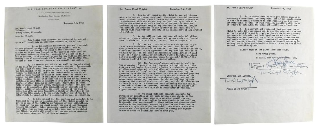 Frank Lloyd Wright Authentic 3x Signed 8.35x9.5 3 Page NBC Contract BAS #AB14681 - 2