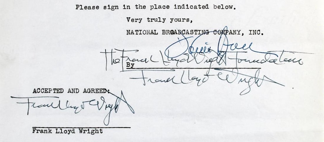 Frank Lloyd Wright Authentic 3x Signed 8.35x9.5 3 Page NBC Contract BAS #AB14681 - 3