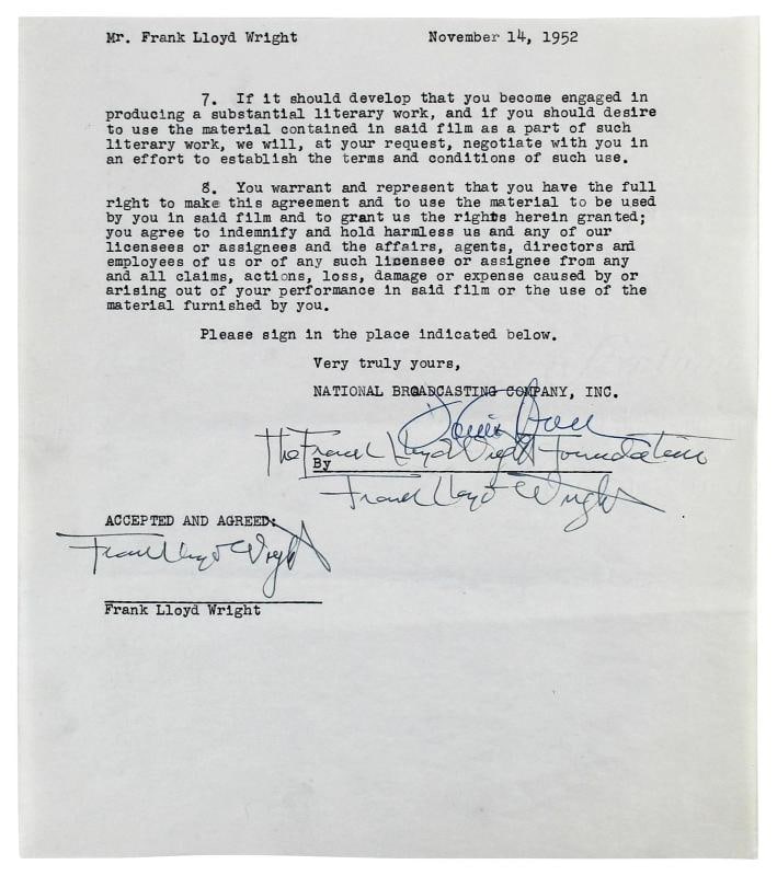 Frank Lloyd Wright Authentic 3x Signed 8.35x9.5 3 Page NBC Contract BAS #AB14681 - 5