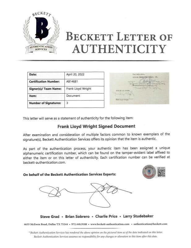 Frank Lloyd Wright Authentic 3x Signed 8.35x9.5 3 Page NBC Contract BAS #AB14681 - 9