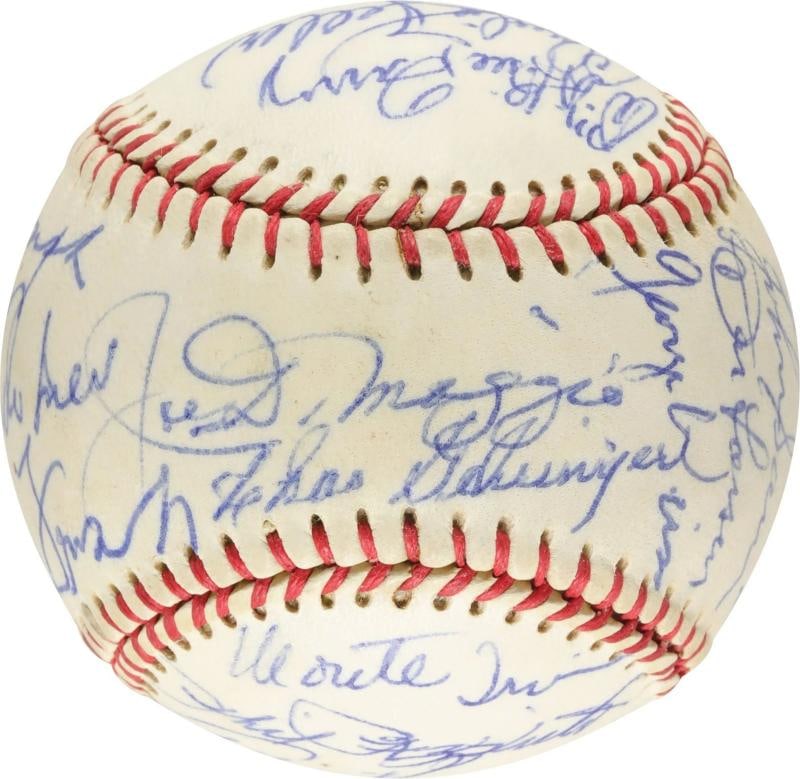 Joe Dimaggio Pie Traynor George Weiss HOF Multi Signed Baseball SGC COA: 26 signatures of Hall of Famers and stars. There are 17 Hall of Famers, and the rest of the guys are no slouches either. Included are HoFers Joe DiMaggio, Charlie Gehringer, Edd Roush, Pie Traynor,