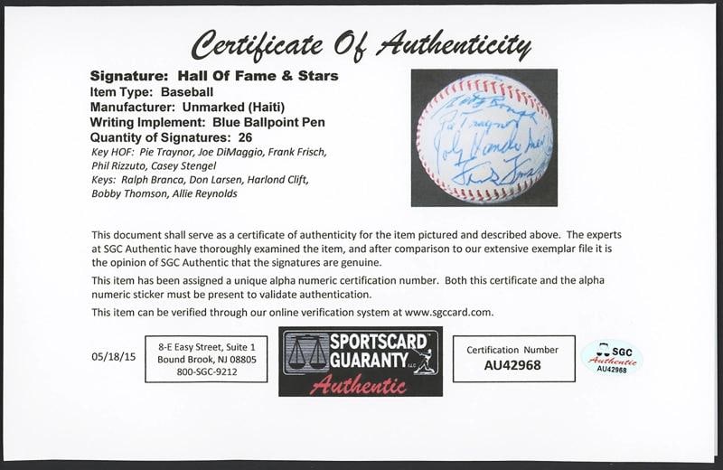 Joe Dimaggio Pie Traynor George Weiss HOF Multi Signed Baseball SGC COA - 7
