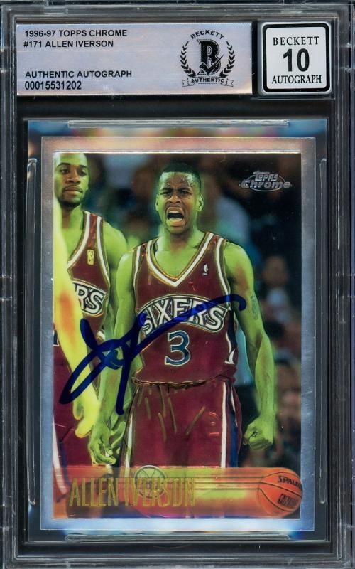 Allen Iverson Signed 1996-97 Topps Chrome RC 171 76ers Auto GM 10 Beckett: Condition: Ungraded - Very good: Not in original packaging or professionally graded ,Player/Athlete: Allen Iverson,Player: Allen Iverson,Team: Philadelphia 76ers,Sport: Basketball,Product:
