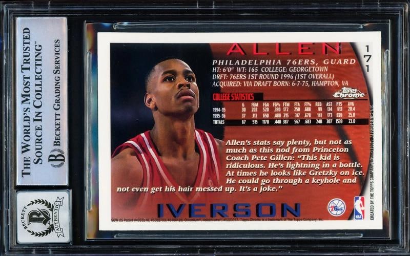 Allen Iverson Signed 1996-97 Topps Chrome RC 171 76ers Auto GM 10 Beckett - 2
