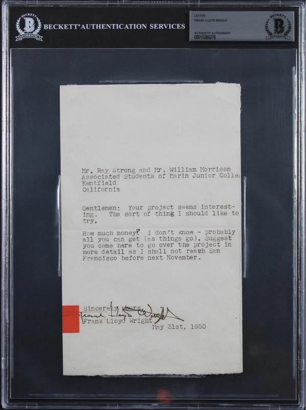 Frank Lloyd Wright Authentic Signed 5.15x8.6 1950 Letter BAS Slabbed (1 of 5)