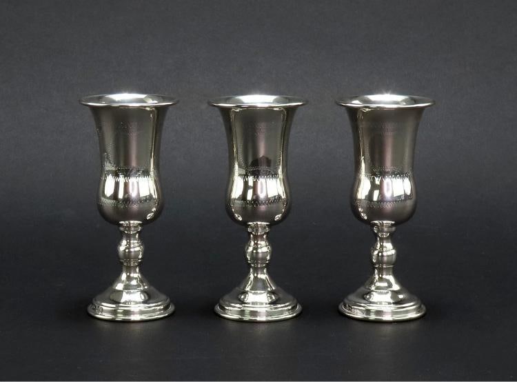 3 Lovely Russian Silver Classical Form Kiddush Cups Hand Engraved No Monos (1 of 8)