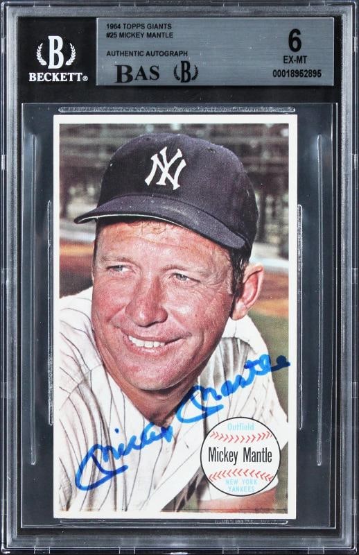 Yankees Mickey Mantle Signed 1964 Topps Giants #25 Card EX-MT 6 Auto 10 BAS Slab (1 of 2)