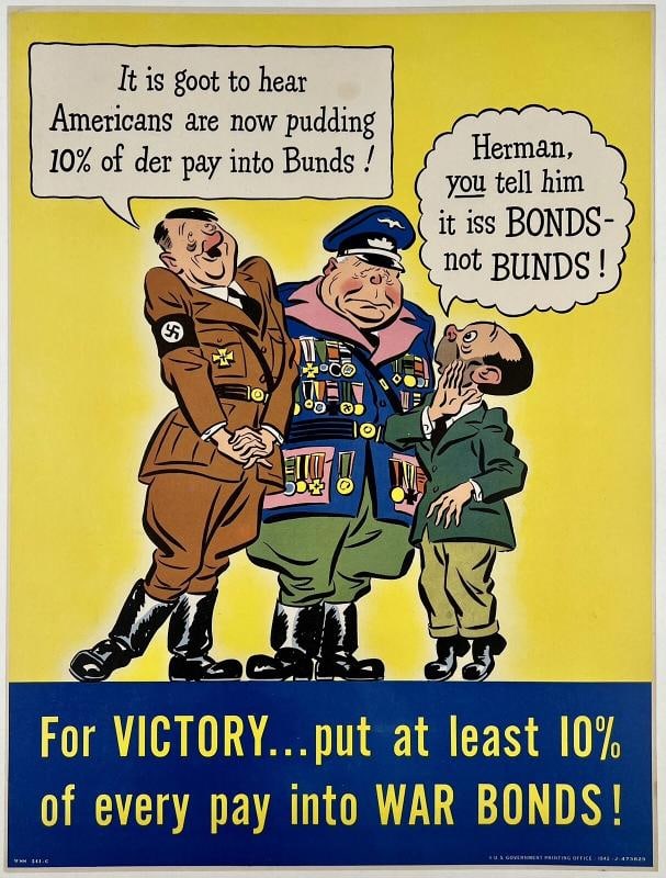 Original Vintage Poster FOR VICTORY PUT 10% IN WAR BONDS Propaganda USA WWII OL: Dimensions: 16.75 x 22.25 in. / 42.5 x 56.5 Original vintage "FOR VICTORY...PUT AT LEAST 10% OF EVERY PAY INTO WAR BONDS" WWII poster, designed by an anonymous artist, and printed by the U.S. GOVERNME