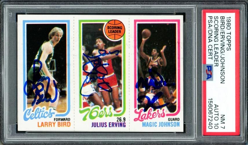 Larry Bird, Magic Johnson & Julius Erving Signed 1980 Topps RC PSA 7 Auto 10 (1 of 2)
