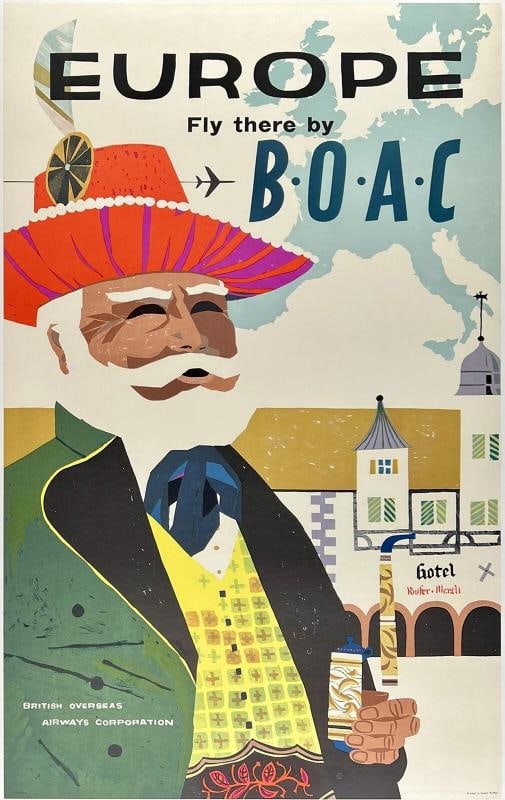 Original Vintage Poster FLY BOAC EUROPE BRITISH AIRWAYS Airline Travel LINEN (1 of 5)