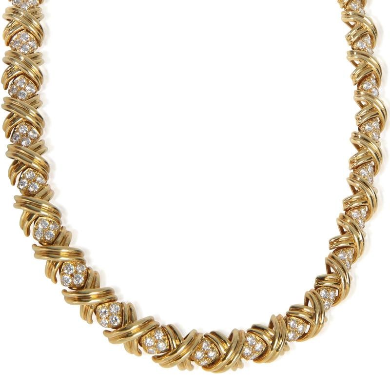 Tiffany & Co. Yellow Gold Diamond X Collection Necklace: Condition: Pre-owned - Good,Pendant Shape: Round Brilliant,Necklace Length: 16 in,Country of Origin: Italy,Clasp/Buckle Type: Box with Tongue,Side Stone Type: Diamond,Side Stone Weight (cts):
