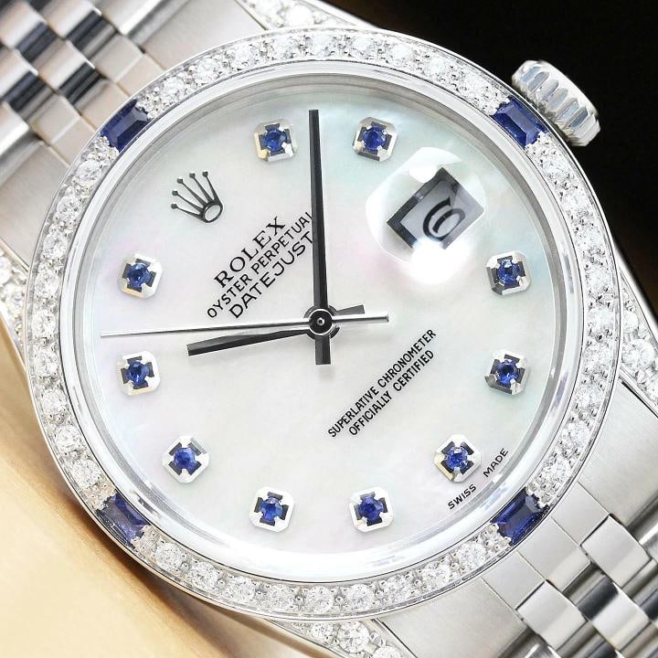 MENS ROLEX DATEJUST MOTHER OF PEARL SAPPHIRE DIAMOND 18K WHITE GOLD SS WATCH: Condition: Pre-owned - Excellent,Bezel Color: Silver,Max Wrist Size: 7.26-7.5 in,Number of Jewels: 27 Jewels,Indices: Sapphire Markers, 12-Hour Dial,Bezel: Custom 18K White Gold Sapphire Diamond