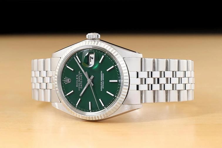 ROLEX MENS DATEJUST 1601 18K GOLD SS GREEN DIAL WATCH w/ FOLDED JUBILEE BRACELET - 2